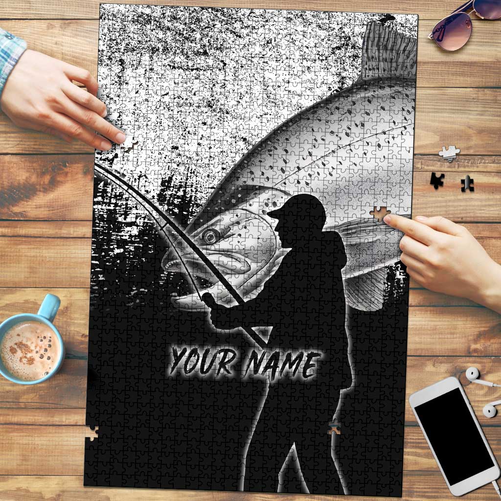 Custom Black and White King Salmon Fishing Puzzle with Trout Fish Design Black and White Grunge Style - Wonder Print Shop