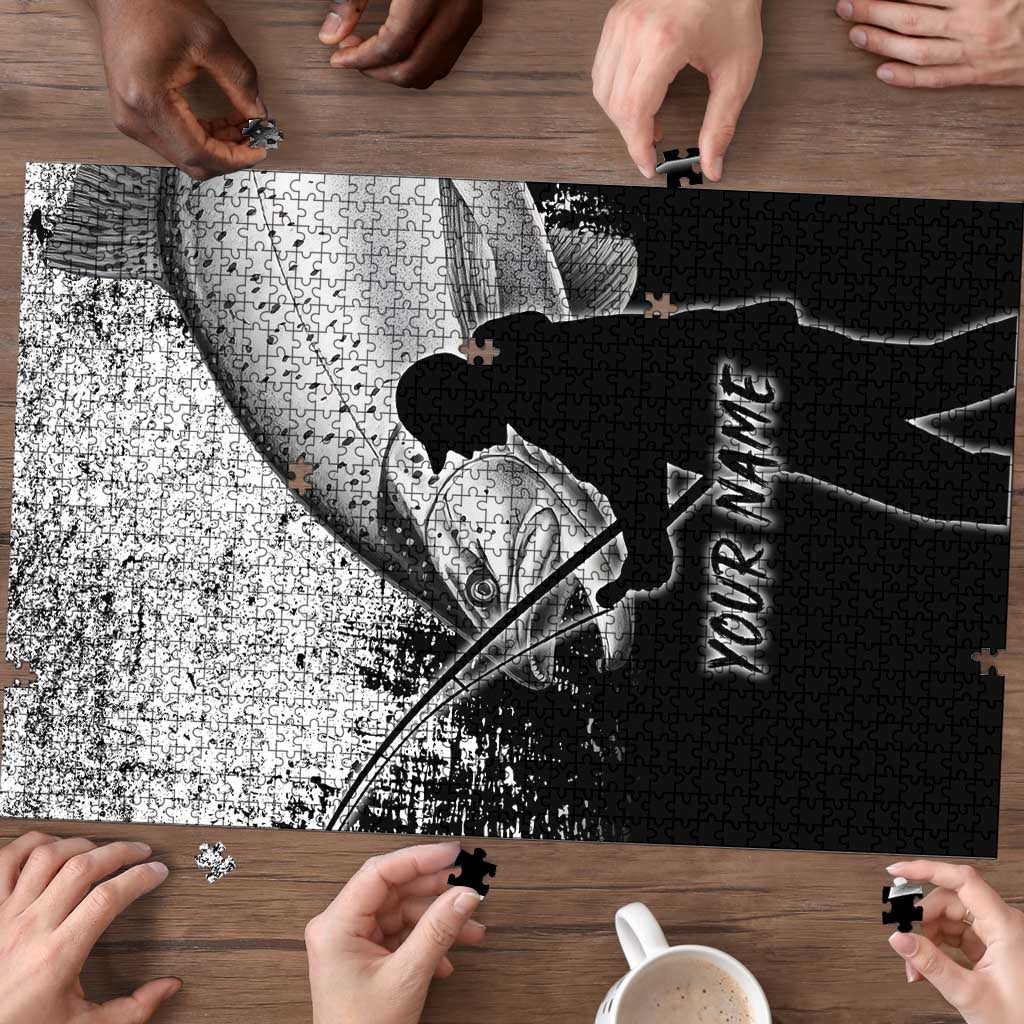 Custom Black and White King Salmon Fishing Puzzle with Trout Fish Design Black and White Grunge Style - Wonder Print Shop