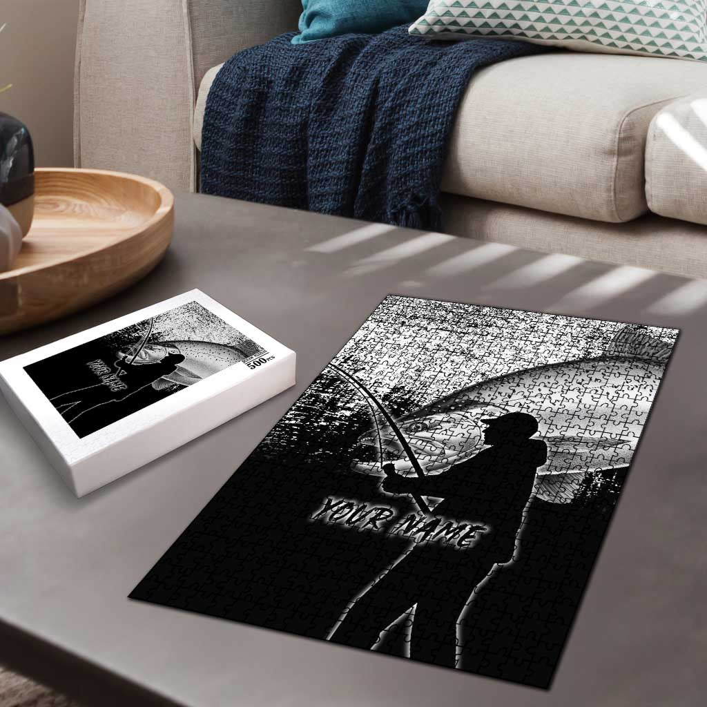 Custom Black and White King Salmon Fishing Puzzle with Trout Fish Design Black and White Grunge Style - Wonder Print Shop