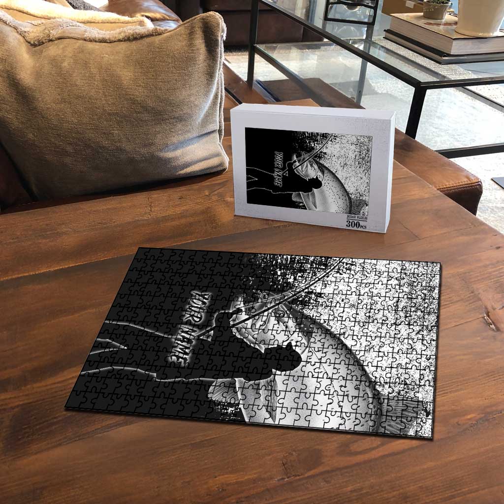 Custom Black and White King Salmon Fishing Puzzle with Trout Fish Design Black and White Grunge Style - Wonder Print Shop
