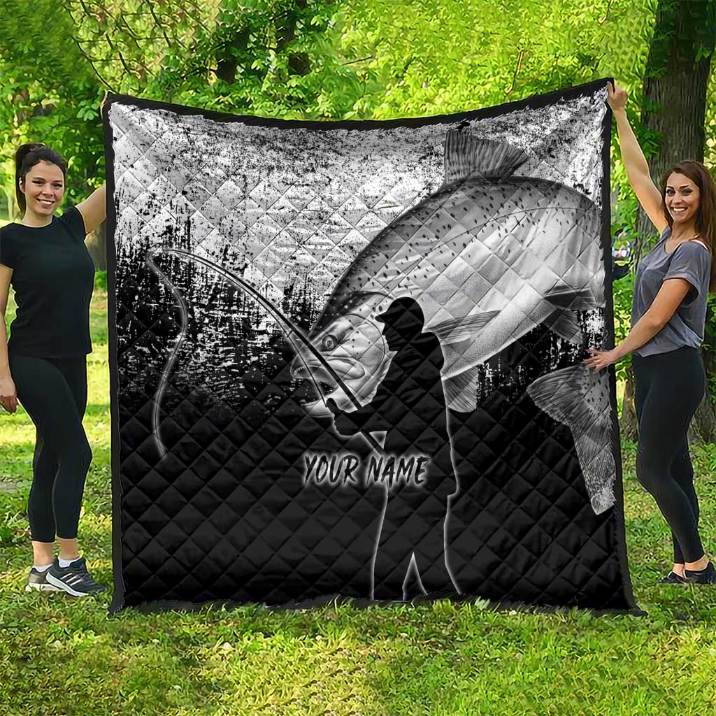 Custom Black and White King Salmon Fishing Quilt with Trout Fish Design Black and White Grunge Style - Wonder Print Shop
