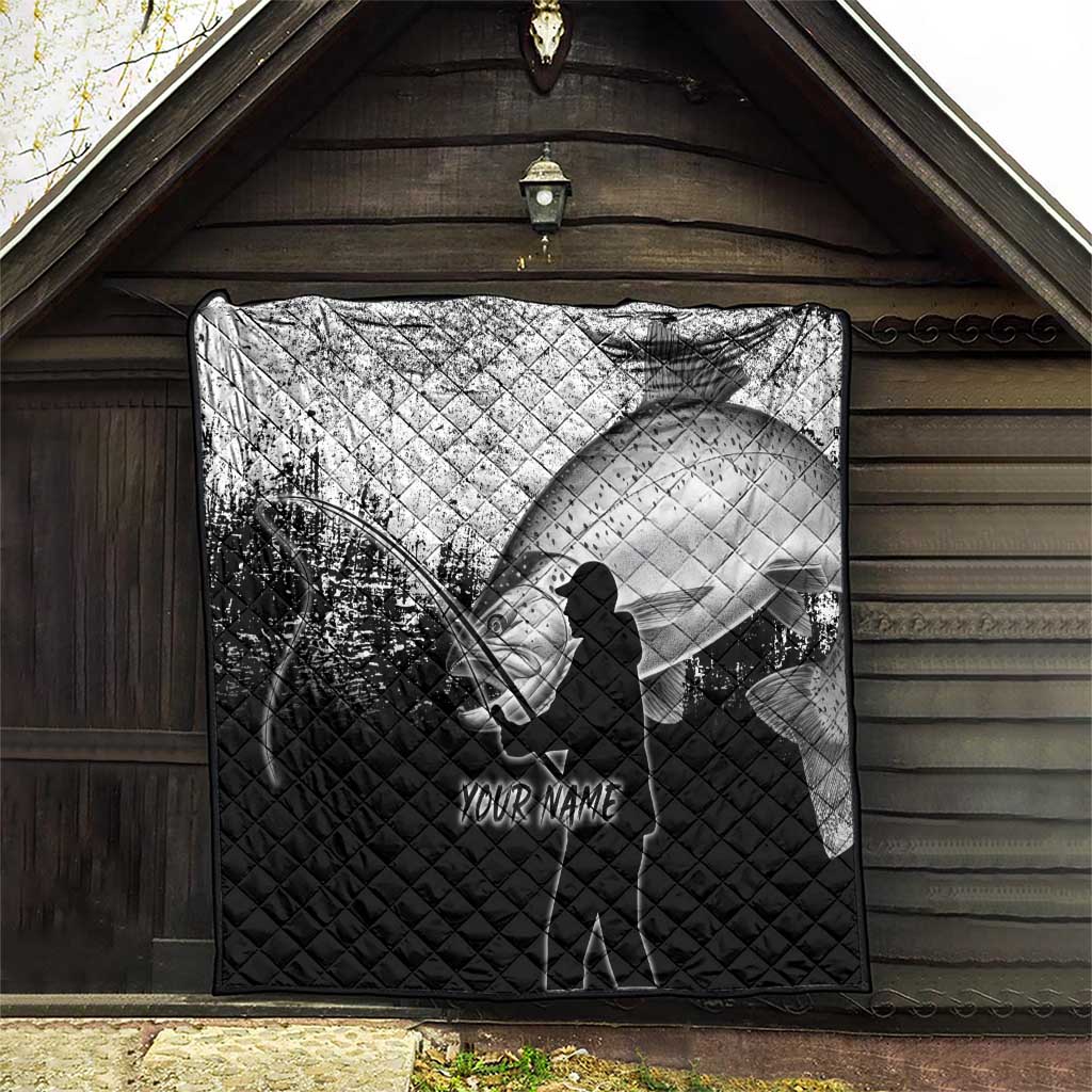 Custom Black and White King Salmon Fishing Quilt with Trout Fish Design Black and White Grunge Style - Wonder Print Shop