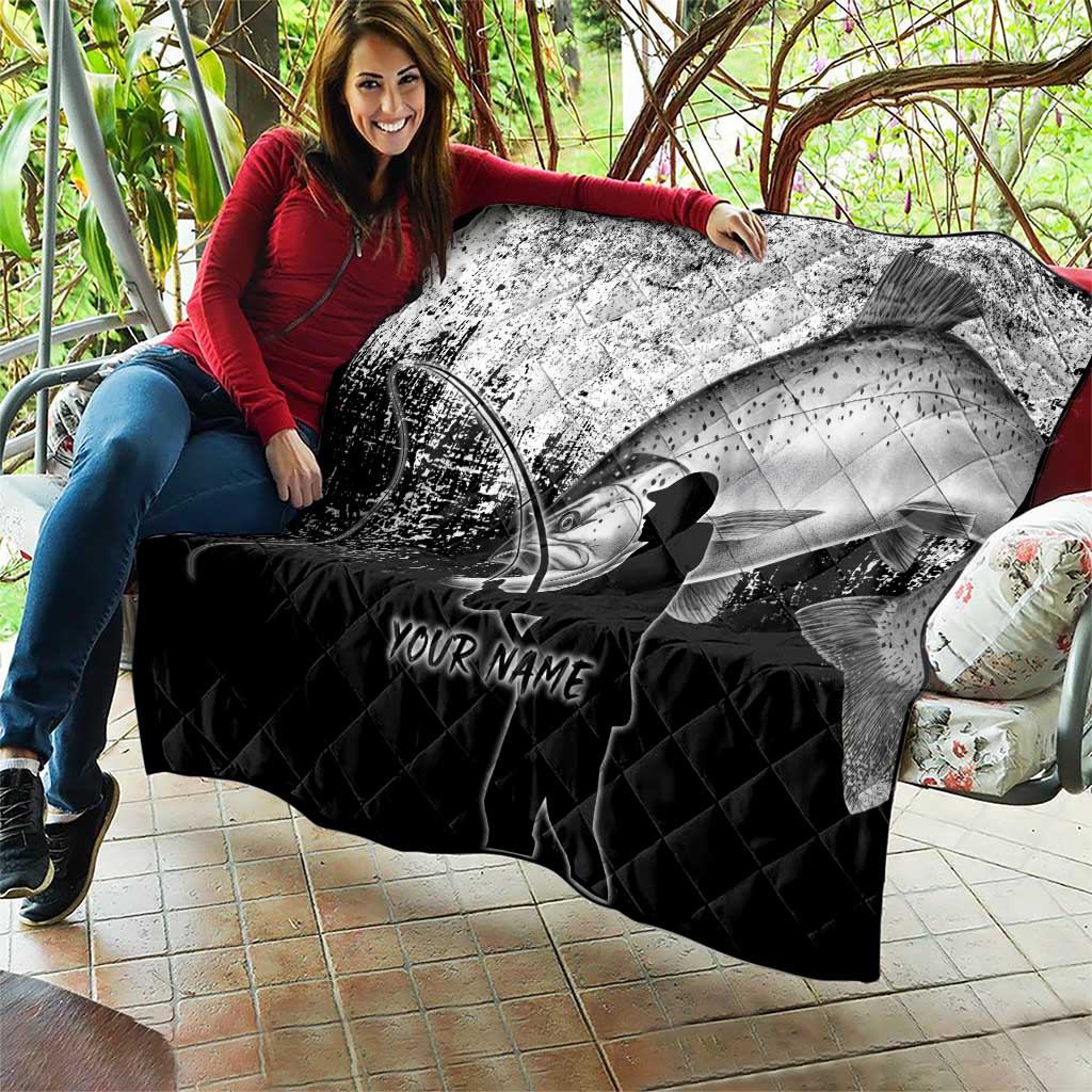 Custom Black and White King Salmon Fishing Quilt with Trout Fish Design Black and White Grunge Style - Wonder Print Shop