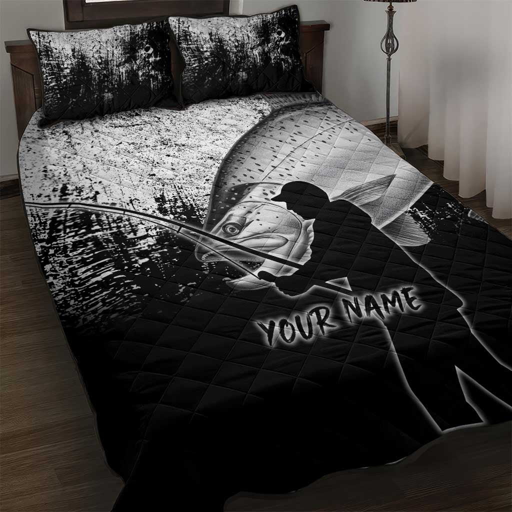 Custom Black and White King Salmon Fishing Quilt Bed Set with Trout Fish Design Black and White Grunge Style - Wonder Print Shop