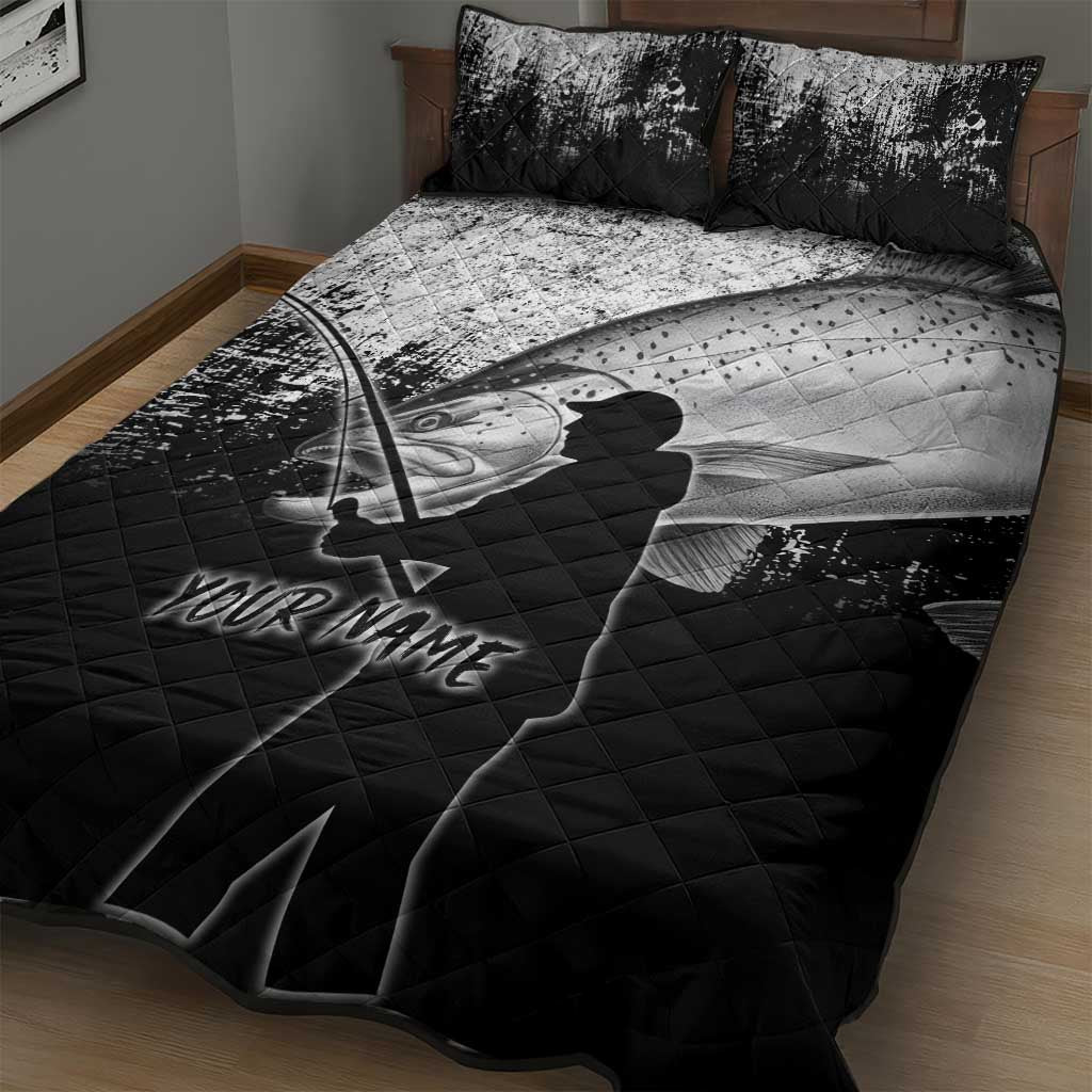 Custom Black and White King Salmon Fishing Quilt Bed Set with Trout Fish Design Black and White Grunge Style - Wonder Print Shop