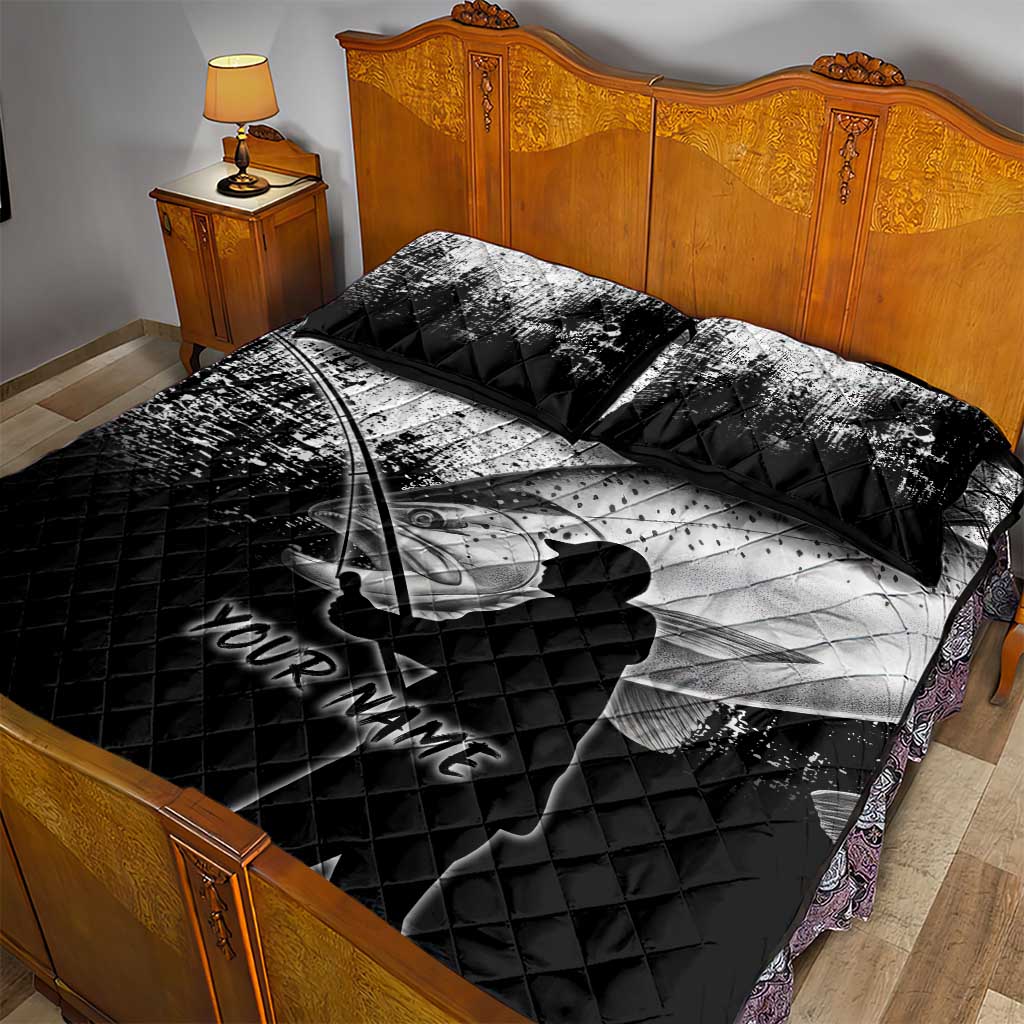 Custom Black and White King Salmon Fishing Quilt Bed Set with Trout Fish Design Black and White Grunge Style - Wonder Print Shop