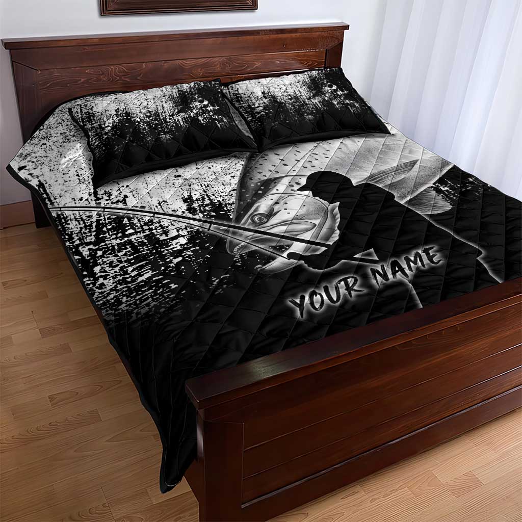 Custom Black and White King Salmon Fishing Quilt Bed Set with Trout Fish Design Black and White Grunge Style - Wonder Print Shop