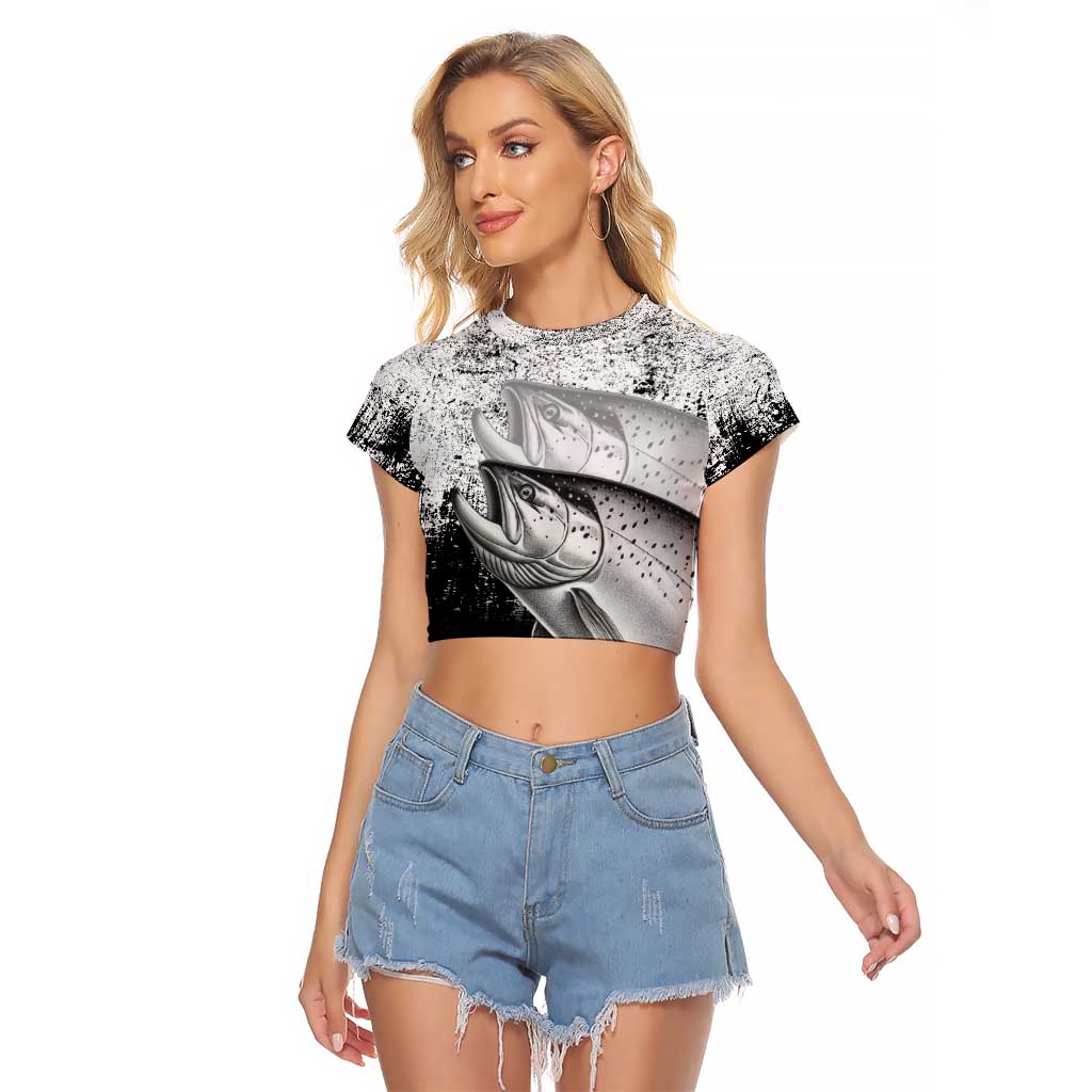 Custom Black and White King Salmon Fishing Raglan Cropped T Shirt with Trout Fish Design Black and White Grunge Style - Wonder Print Shop
