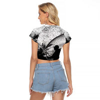 Custom Black and White King Salmon Fishing Raglan Cropped T Shirt with Trout Fish Design Black and White Grunge Style - Wonder Print Shop