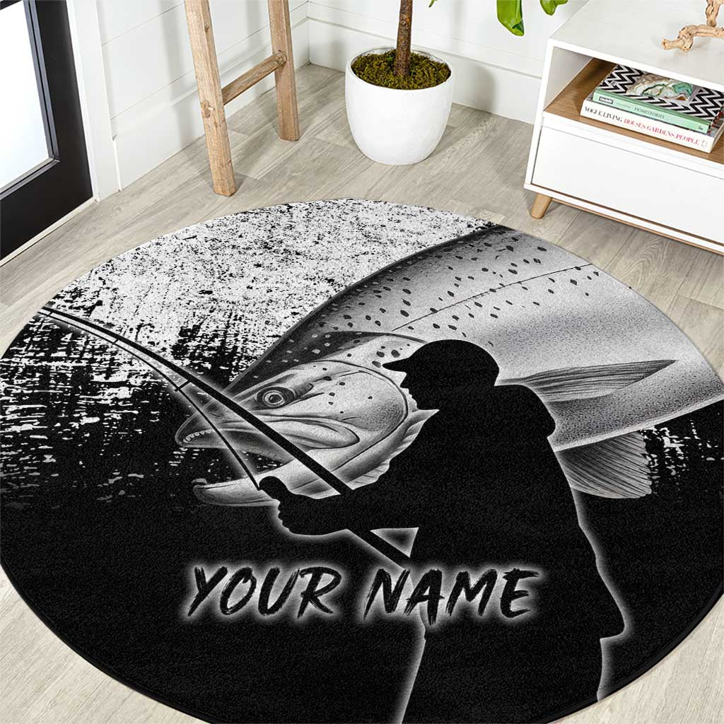 Custom Black and White King Salmon Fishing Round Carpet with Trout Fish Design Black and White Grunge Style - Wonder Print Shop