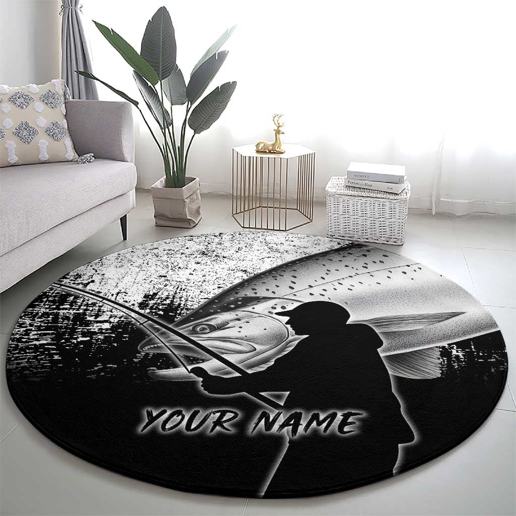 Custom Black and White King Salmon Fishing Round Carpet with Trout Fish Design Black and White Grunge Style - Wonder Print Shop