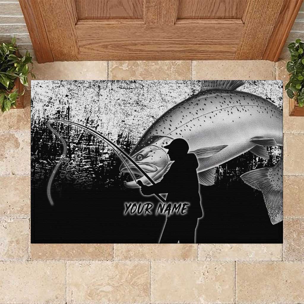 Custom Black and White King Salmon Fishing Rubber Doormat with Trout Fish Design Black and White Grunge Style - Wonder Print Shop