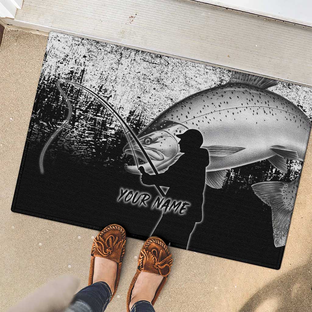 Custom Black and White King Salmon Fishing Rubber Doormat with Trout Fish Design Black and White Grunge Style - Wonder Print Shop