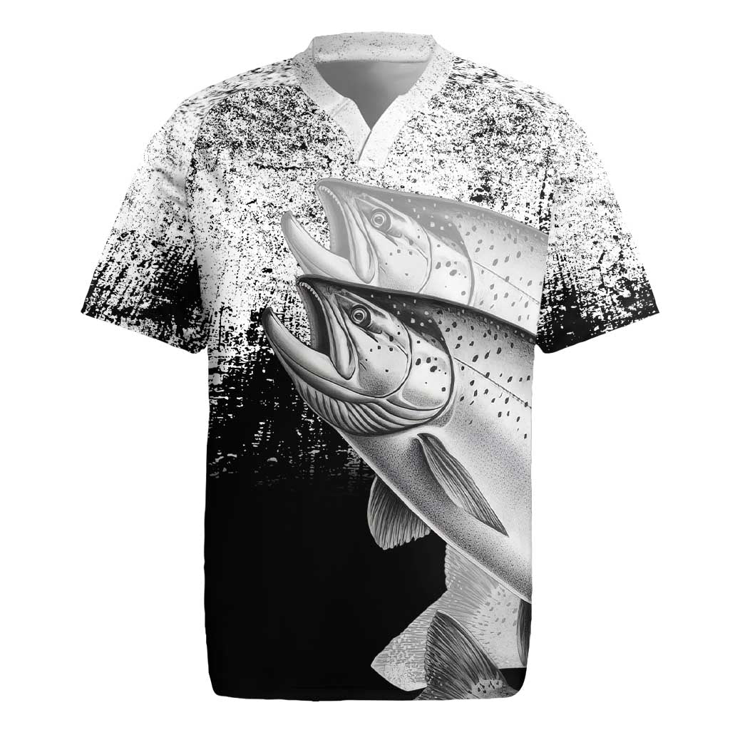Custom Black and White King Salmon Fishing Rugby Jersey with Trout Fish Design Black and White Grunge Style - Wonder Print Shop