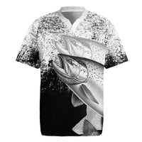 Custom Black and White King Salmon Fishing Rugby Jersey with Trout Fish Design Black and White Grunge Style - Wonder Print Shop