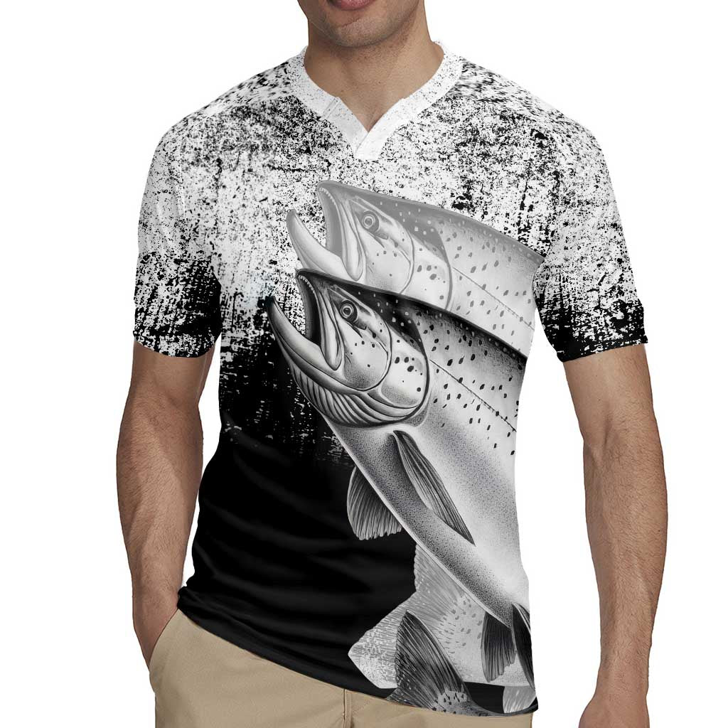 Custom Black and White King Salmon Fishing Rugby Jersey with Trout Fish Design Black and White Grunge Style - Wonder Print Shop