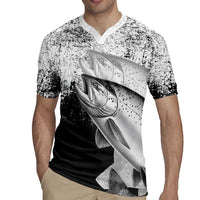 Custom Black and White King Salmon Fishing Rugby Jersey with Trout Fish Design Black and White Grunge Style - Wonder Print Shop