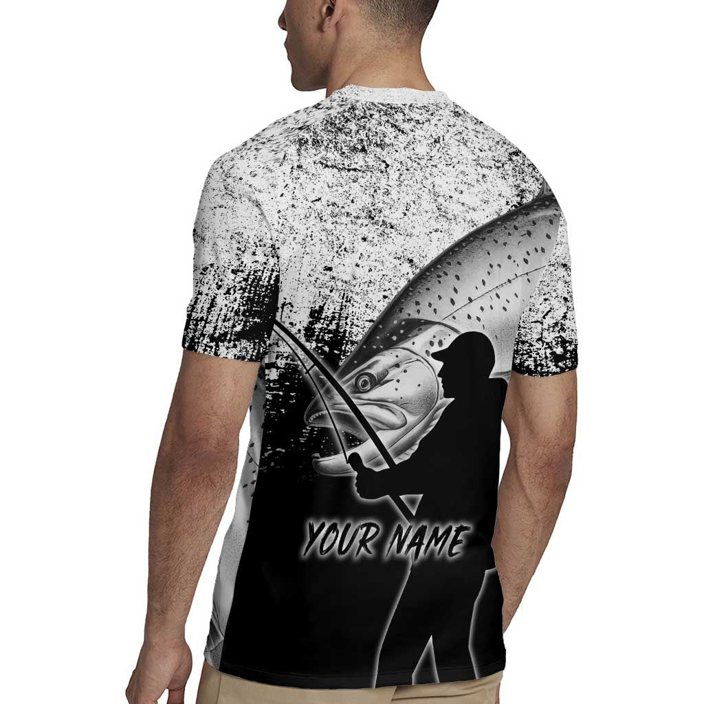 Custom Black and White King Salmon Fishing Rugby Jersey with Trout Fish Design Black and White Grunge Style - Wonder Print Shop