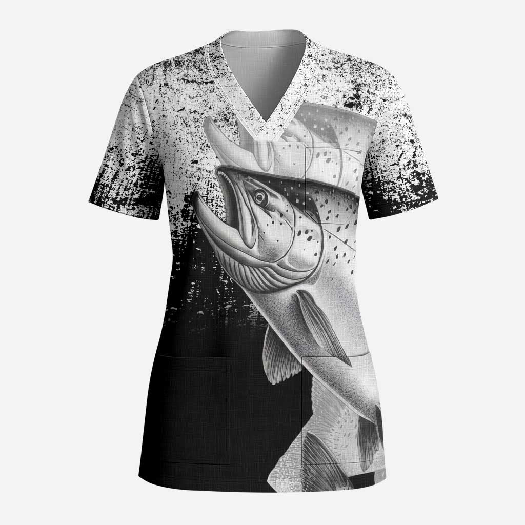 Custom Black and White King Salmon Fishing Scrub Top with Trout Fish Design Black and White Grunge Style - Wonder Print Shop