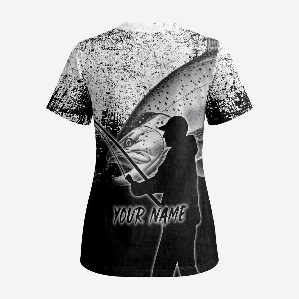 Custom Black and White King Salmon Fishing Scrub Top with Trout Fish Design Black and White Grunge Style - Wonder Print Shop