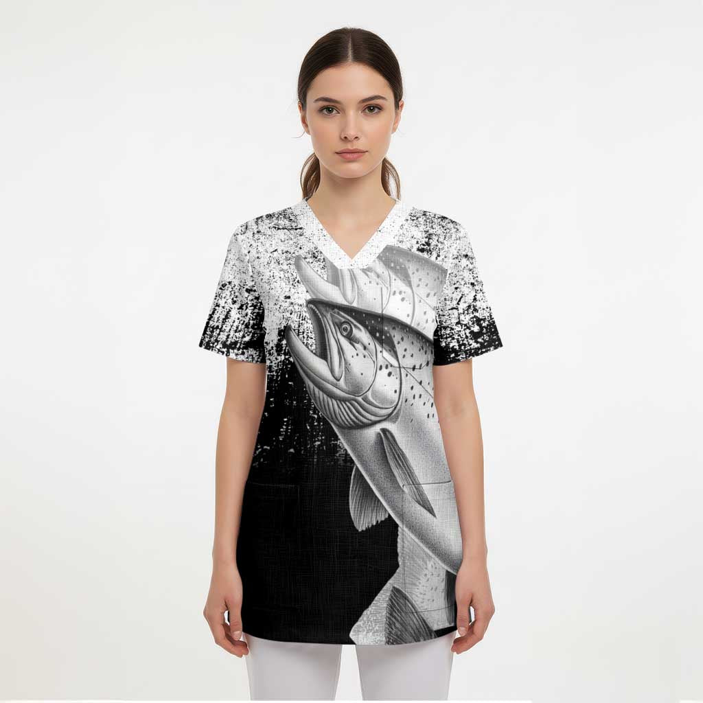 Custom Black and White King Salmon Fishing Scrub Top with Trout Fish Design Black and White Grunge Style - Wonder Print Shop