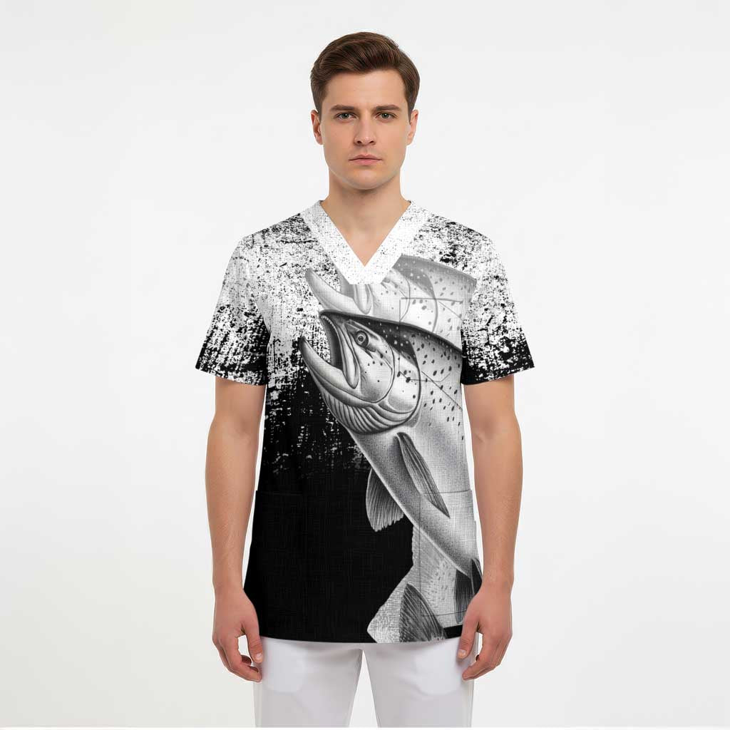 Custom Black and White King Salmon Fishing Scrub Top with Trout Fish Design Black and White Grunge Style - Wonder Print Shop