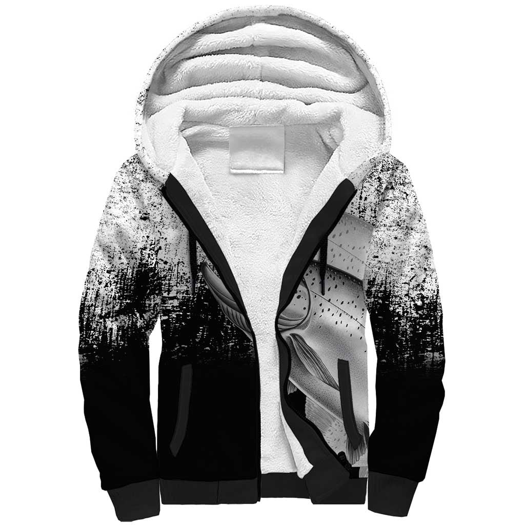 Custom Black and White King Salmon Fishing Sherpa Hoodie with Trout Fish Design Black and White Grunge Style - Wonder Print Shop