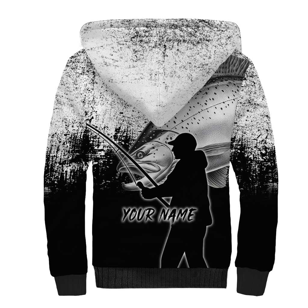 Custom Black and White King Salmon Fishing Sherpa Hoodie with Trout Fish Design Black and White Grunge Style - Wonder Print Shop