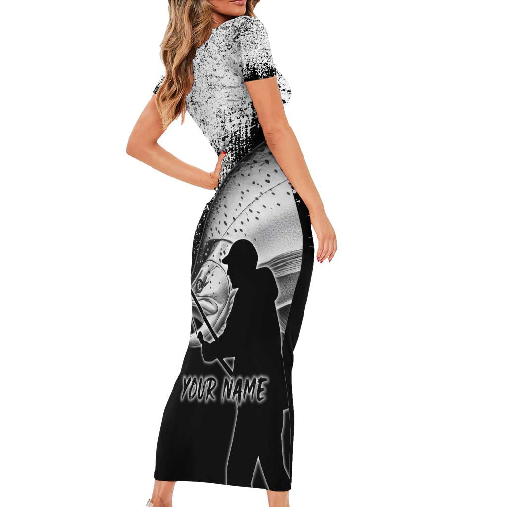 Custom Black and White King Salmon Fishing Short Sleeve Bodycon Dress with Trout Fish Design Black and White Grunge Style - Wonder Print Shop