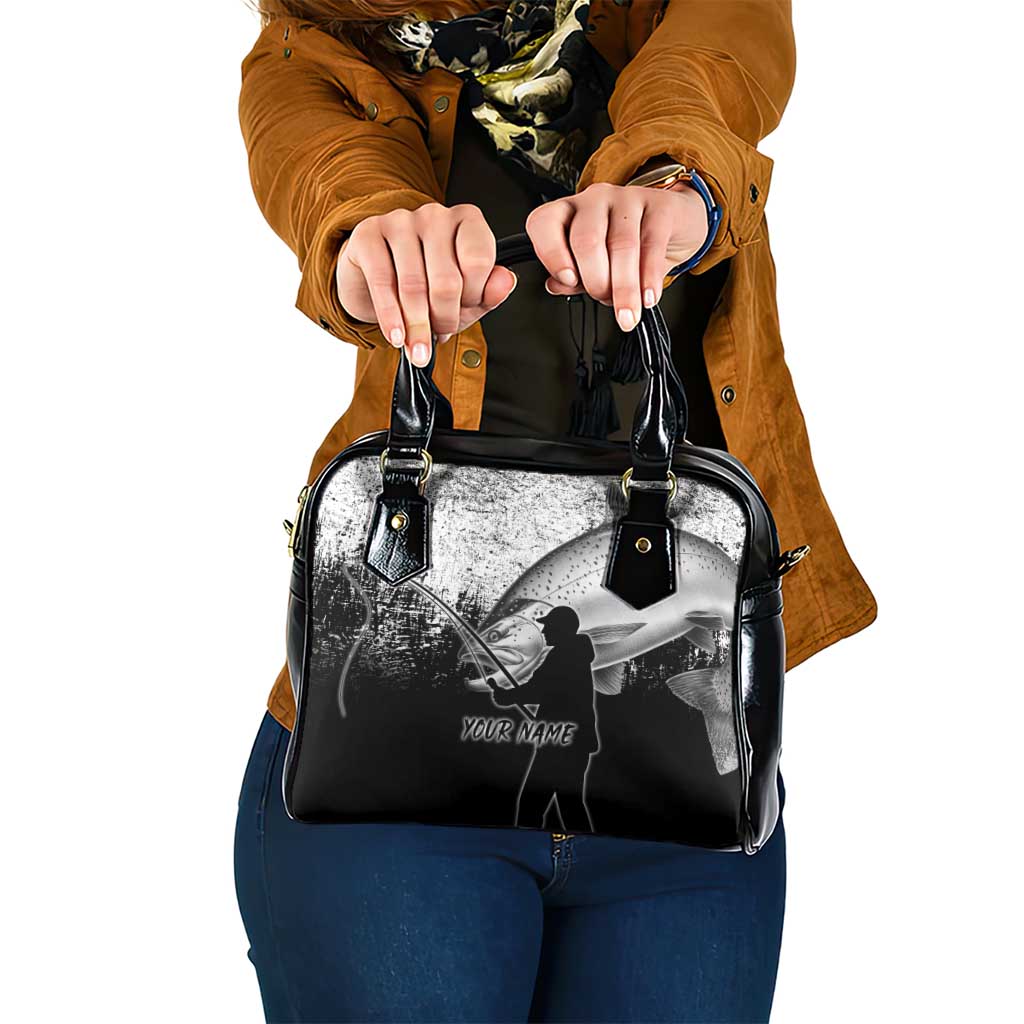 Custom Black and White King Salmon Fishing Shoulder Handbag with Trout Fish Design Black and White Grunge Style - Wonder Print Shop