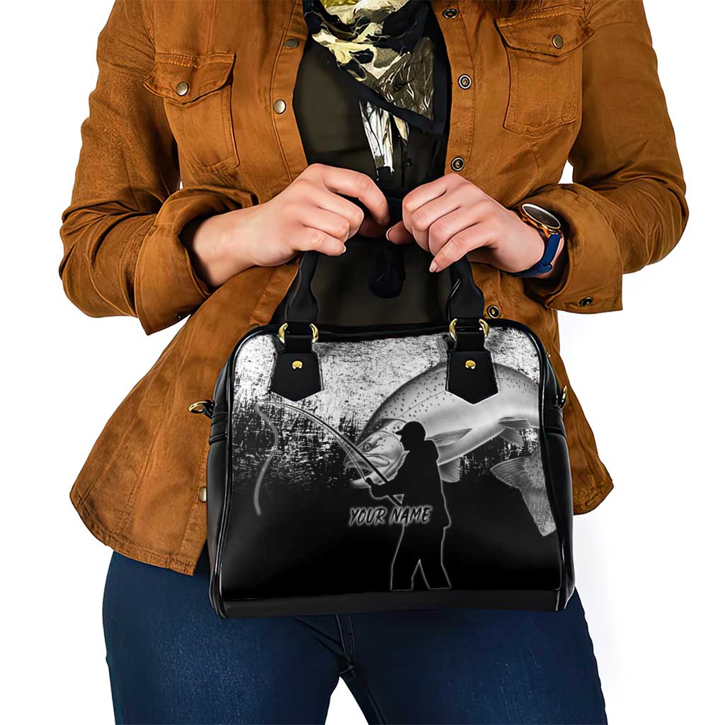 Custom Black and White King Salmon Fishing Shoulder Handbag with Trout Fish Design Black and White Grunge Style - Wonder Print Shop