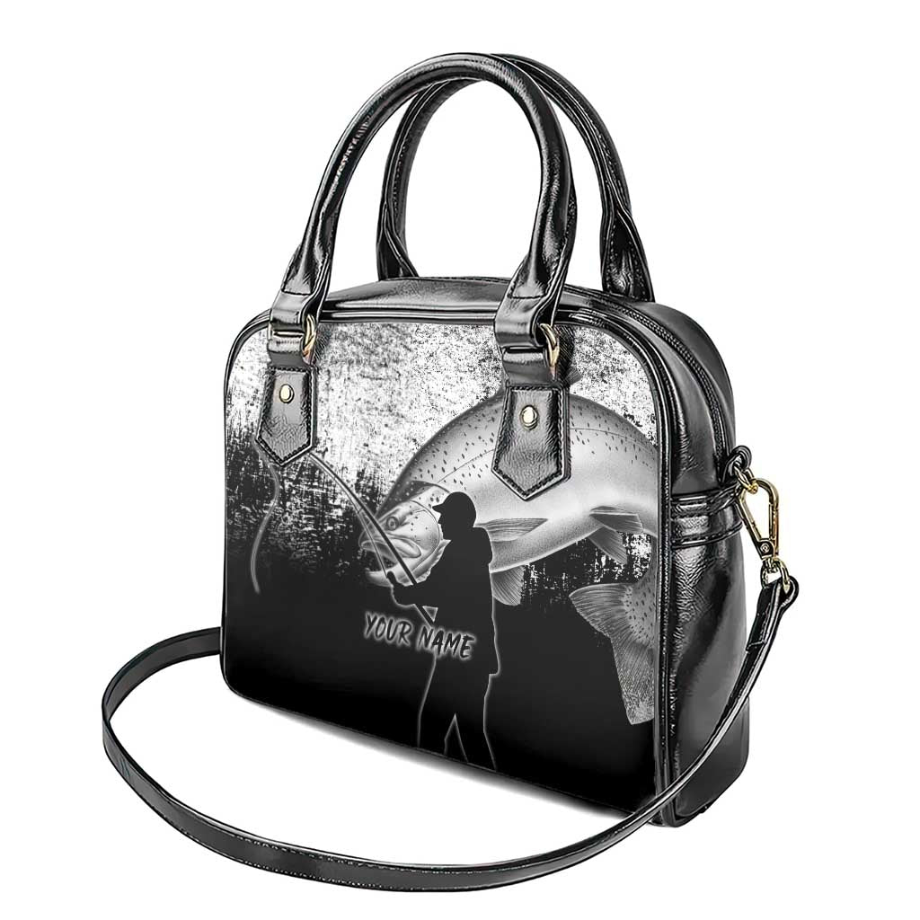 Custom Black and White King Salmon Fishing Shoulder Handbag with Trout Fish Design Black and White Grunge Style - Wonder Print Shop