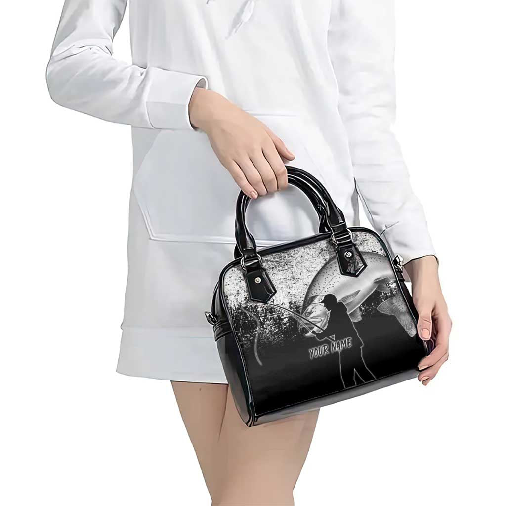 Custom Black and White King Salmon Fishing Shoulder Handbag with Trout Fish Design Black and White Grunge Style - Wonder Print Shop