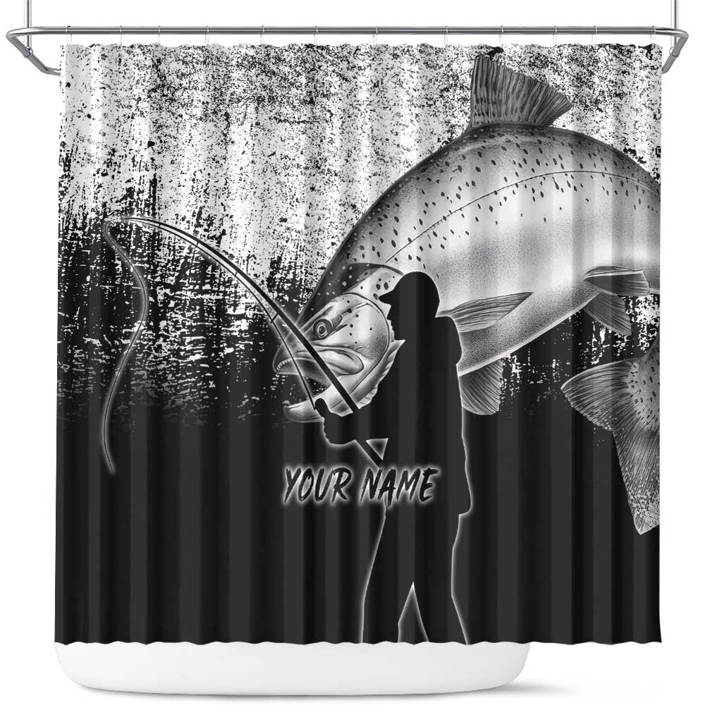 Custom Black and White King Salmon Fishing Shower Curtain with Trout Fish Design Black and White Grunge Style - Wonder Print Shop