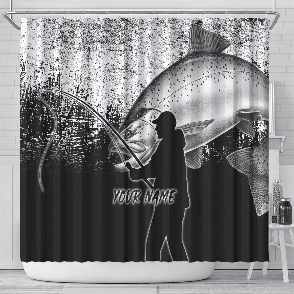 Custom Black and White King Salmon Fishing Shower Curtain with Trout Fish Design Black and White Grunge Style - Wonder Print Shop