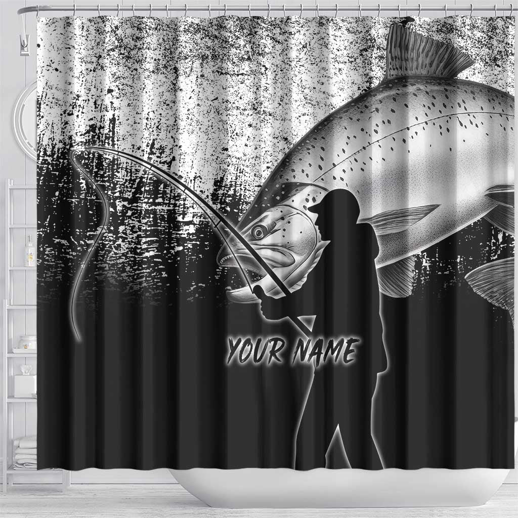 Custom Black and White King Salmon Fishing Shower Curtain with Trout Fish Design Black and White Grunge Style - Wonder Print Shop