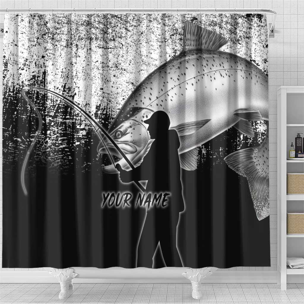 Custom Black and White King Salmon Fishing Shower Curtain with Trout Fish Design Black and White Grunge Style - Wonder Print Shop