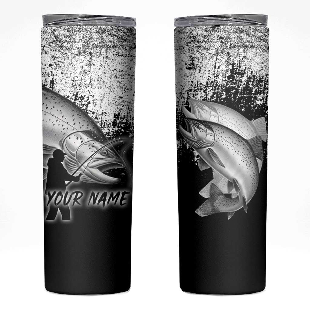 Custom Black and White King Salmon Fishing Skinny Tumbler with Trout Fish Design Black and White Grunge Style - Wonder Print Shop