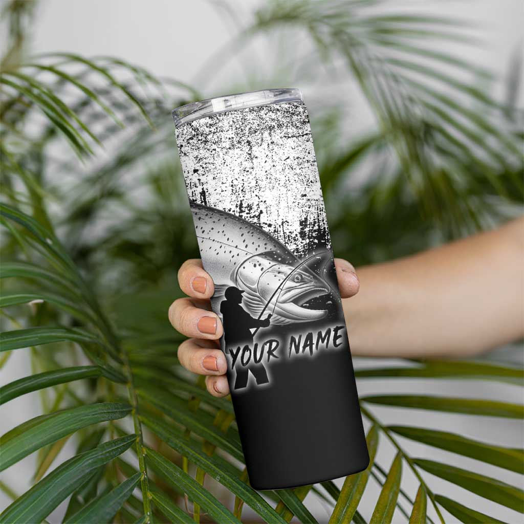 Custom Black and White King Salmon Fishing Skinny Tumbler with Trout Fish Design Black and White Grunge Style - Wonder Print Shop