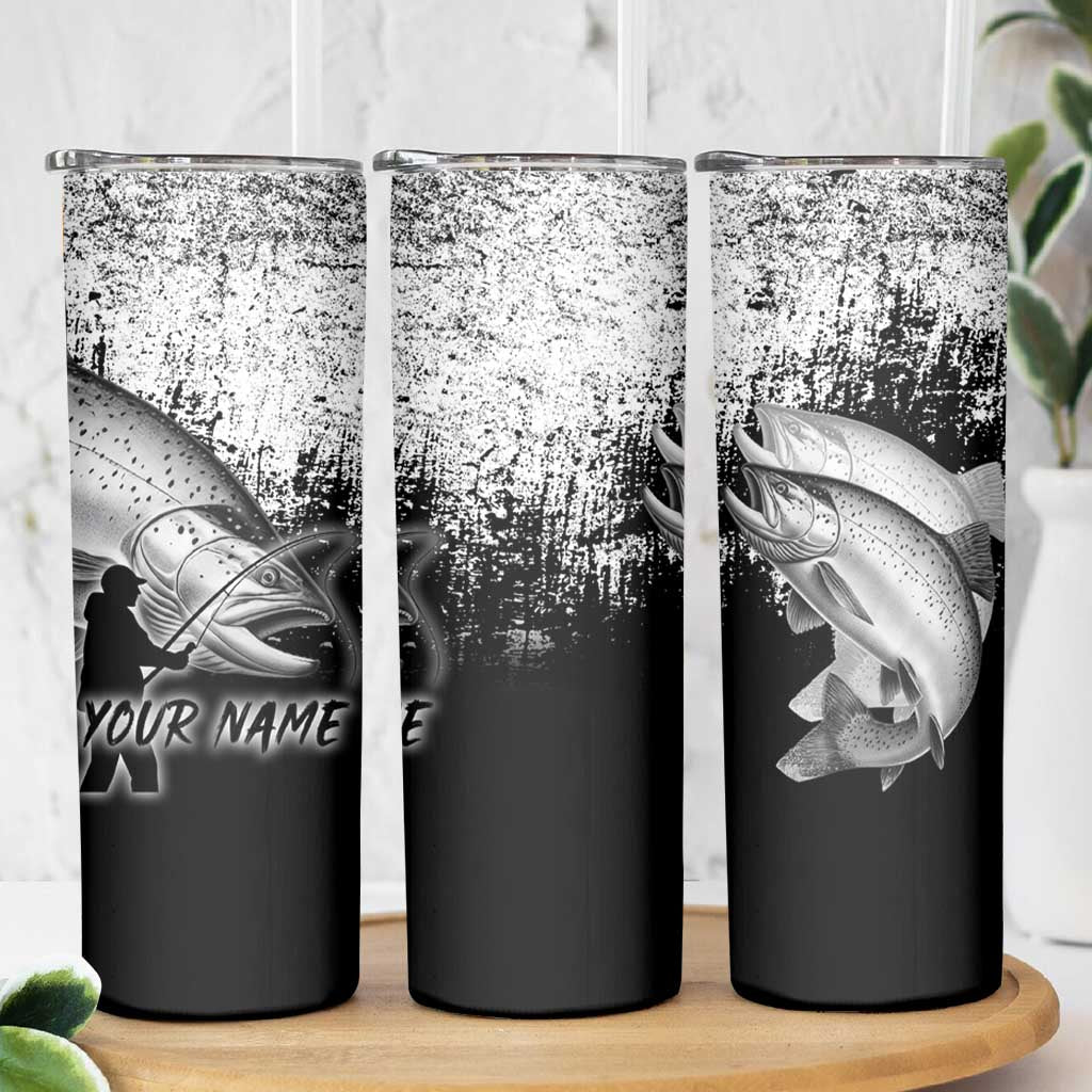 Custom Black and White King Salmon Fishing Skinny Tumbler with Trout Fish Design Black and White Grunge Style - Wonder Print Shop
