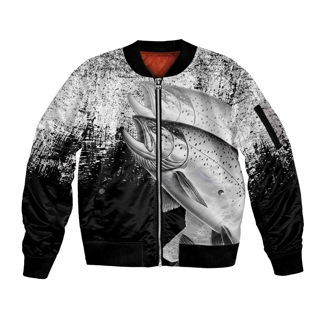 Custom Black and White King Salmon Fishing Sleeve Zip Bomber Jacket with Trout Fish Design Black and White Grunge Style - Wonder Print Shop