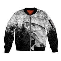 Custom Black and White King Salmon Fishing Sleeve Zip Bomber Jacket with Trout Fish Design Black and White Grunge Style - Wonder Print Shop