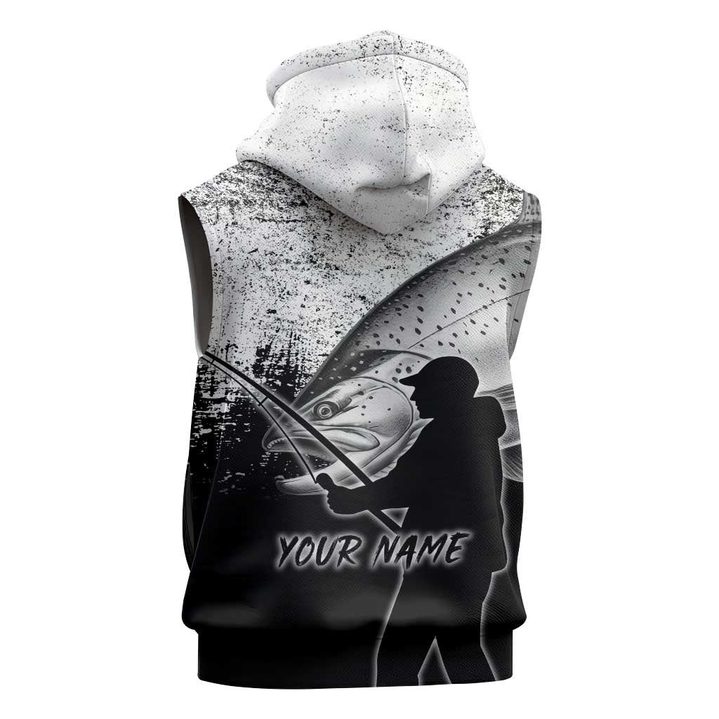 Custom Black and White King Salmon Fishing Sleeveless Hoodie with Trout Fish Design Black and White Grunge Style - Wonder Print Shop