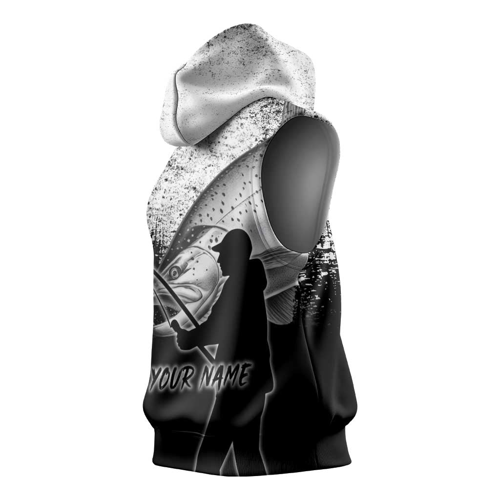 Custom Black and White King Salmon Fishing Sleeveless Hoodie with Trout Fish Design Black and White Grunge Style - Wonder Print Shop