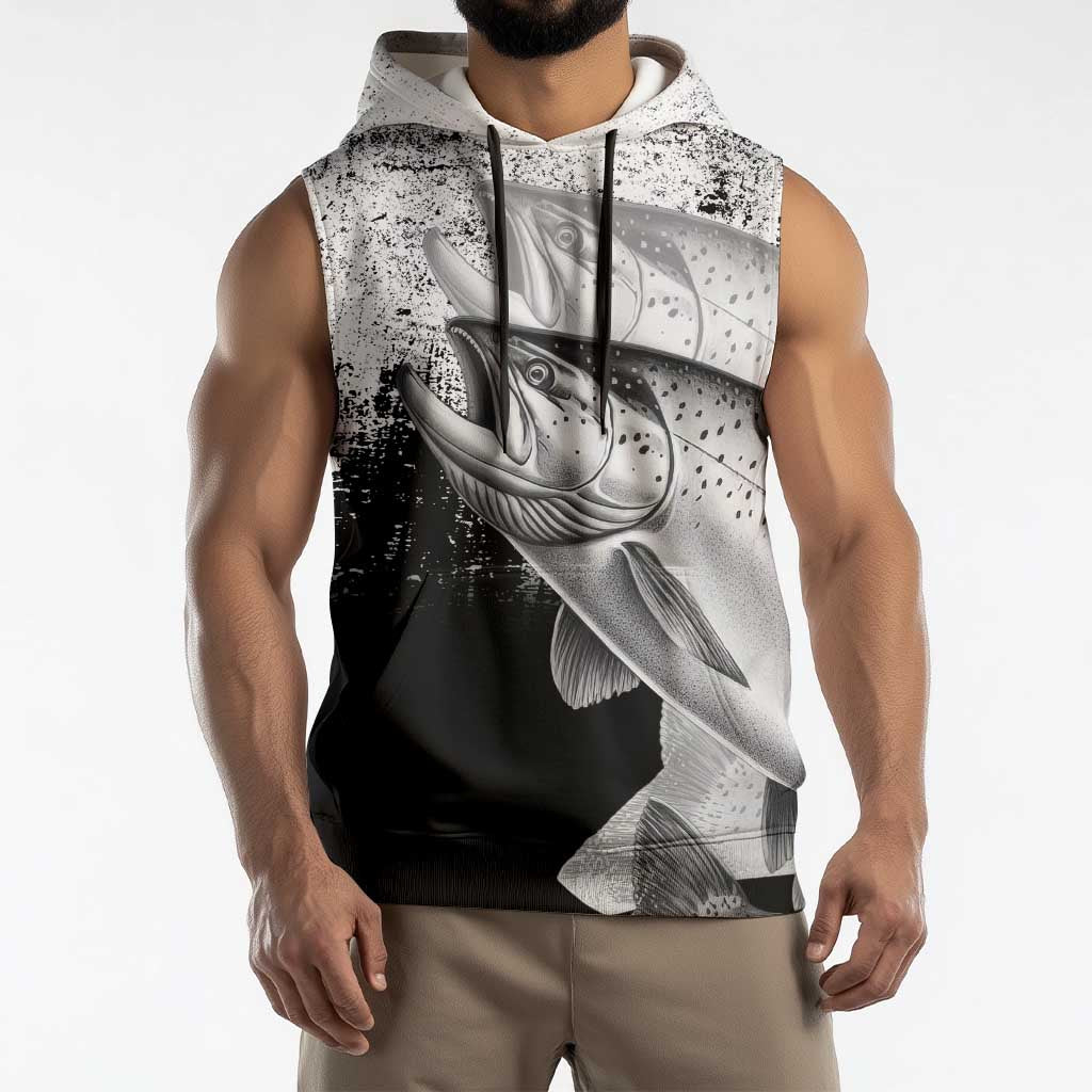 Custom Black and White King Salmon Fishing Sleeveless Hoodie with Trout Fish Design Black and White Grunge Style - Wonder Print Shop