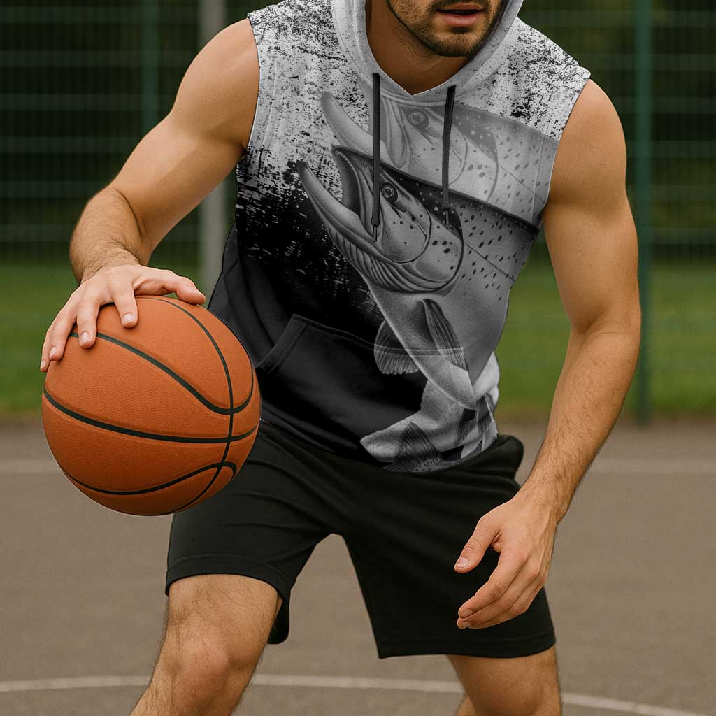 Custom Black and White King Salmon Fishing Sleeveless Hoodie with Trout Fish Design Black and White Grunge Style - Wonder Print Shop