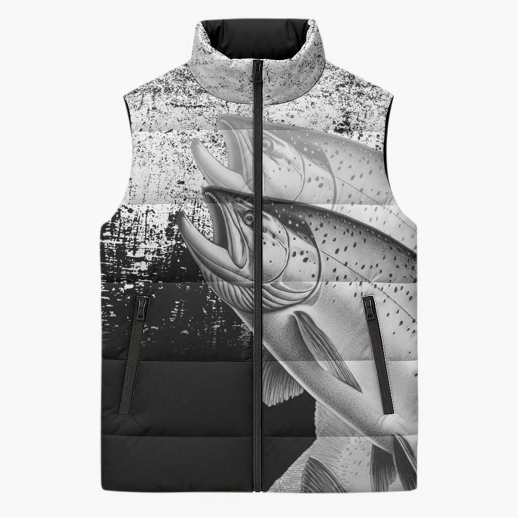 Custom Black and White King Salmon Fishing Sleeveless Puffer Jacket with Trout Fish Design Black and White Grunge Style - Wonder Print Shop