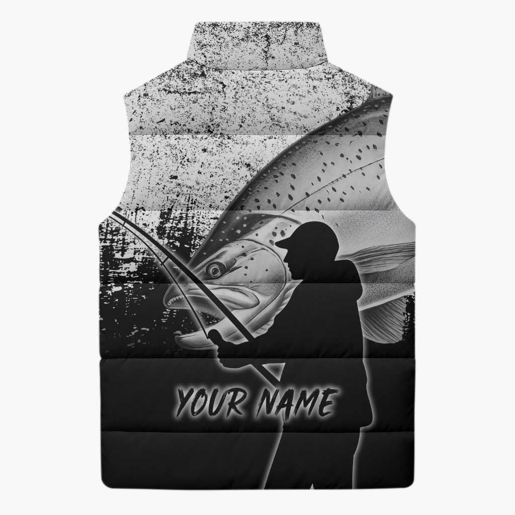 Custom Black and White King Salmon Fishing Sleeveless Puffer Jacket with Trout Fish Design Black and White Grunge Style - Wonder Print Shop
