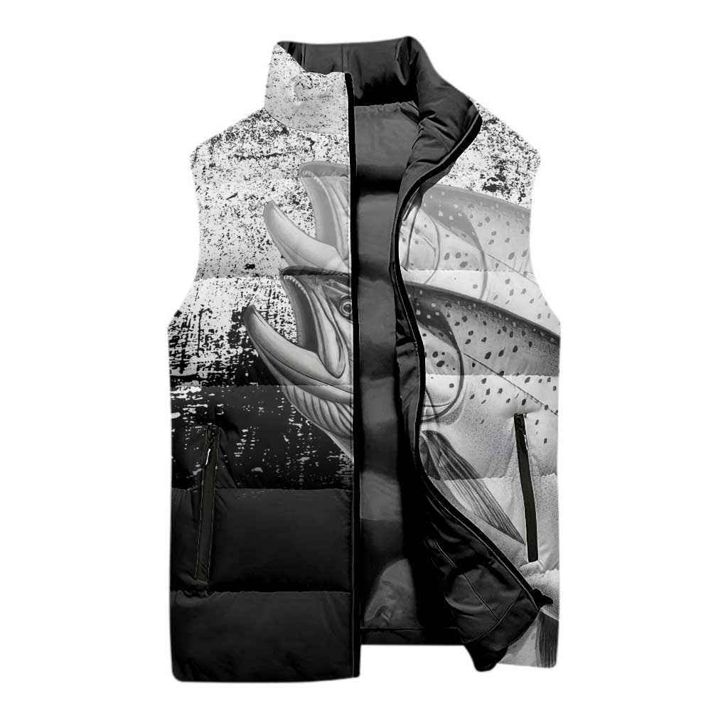Custom Black and White King Salmon Fishing Sleeveless Puffer Jacket with Trout Fish Design Black and White Grunge Style - Wonder Print Shop