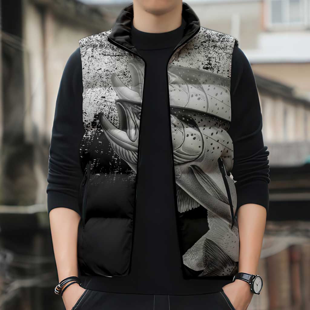 Custom Black and White King Salmon Fishing Sleeveless Puffer Jacket with Trout Fish Design Black and White Grunge Style - Wonder Print Shop